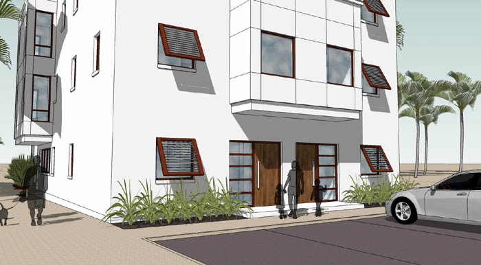 Landscaping, large wood doors, and a stoop mark the transition to the club.